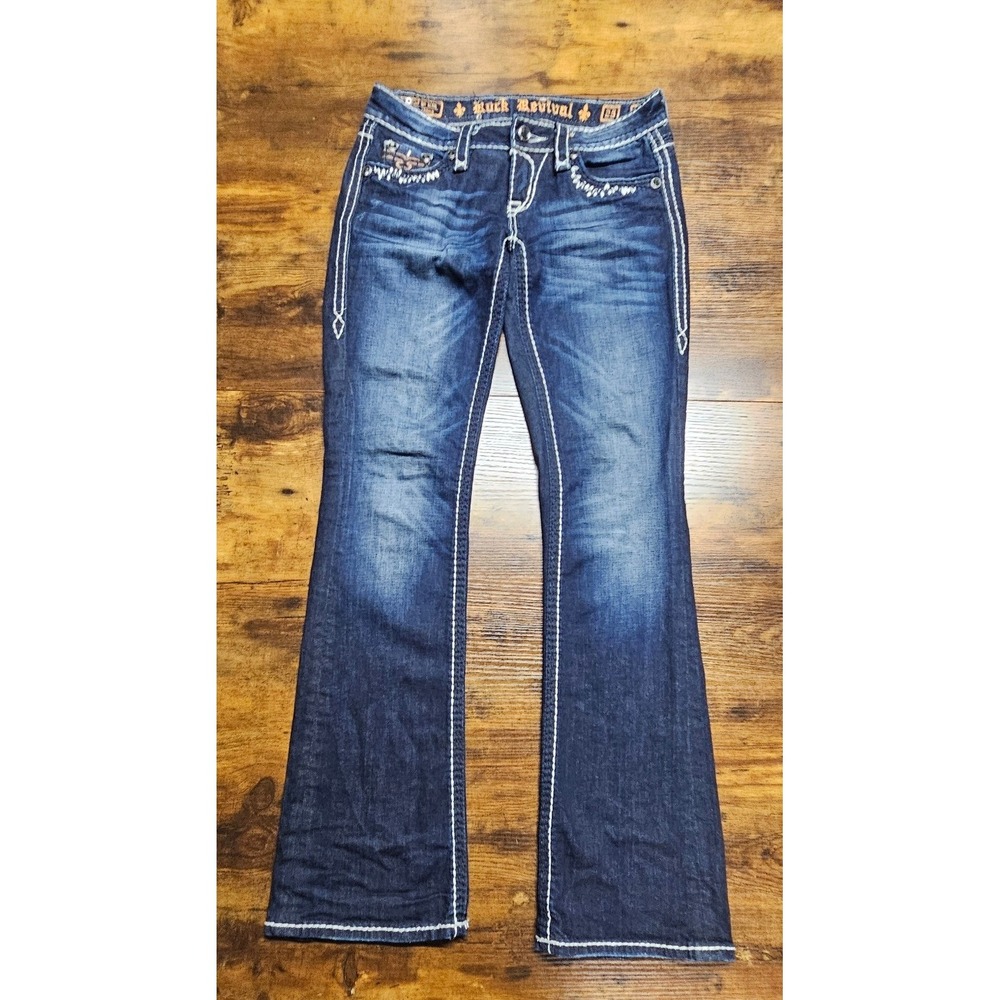 Rock Revival Womens Bootcut Jeans Dark Wash Contrast Stitch 25 Kai Boot